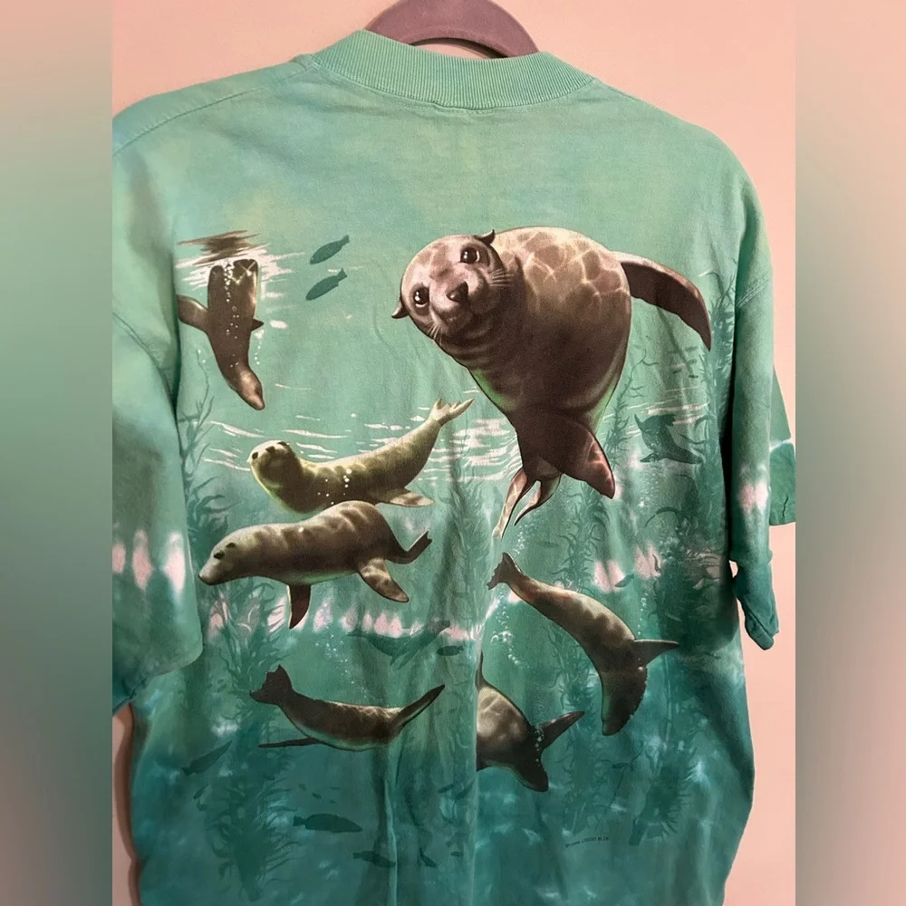 Vintage 90’s Liquid Blue Tie Dye Seals Marine Print T-Shirt Men’s Size L / XL - Picture 8 of 9